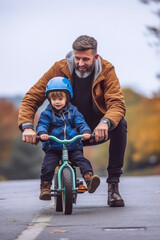 Fototapeta na wymiar A man teaching a young boy how to ride a bike. Generative AI.