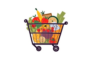 full color flat illustration of grocery and shopping trolley isolated on white background. Generative AI
