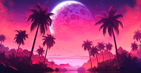 Fototapeta na wymiar Beautiful pink night sky full of palm rees in front of 80s sunset 