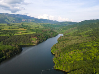 Aerial Spring view of Dushantsi Reservoir, Bulgaria