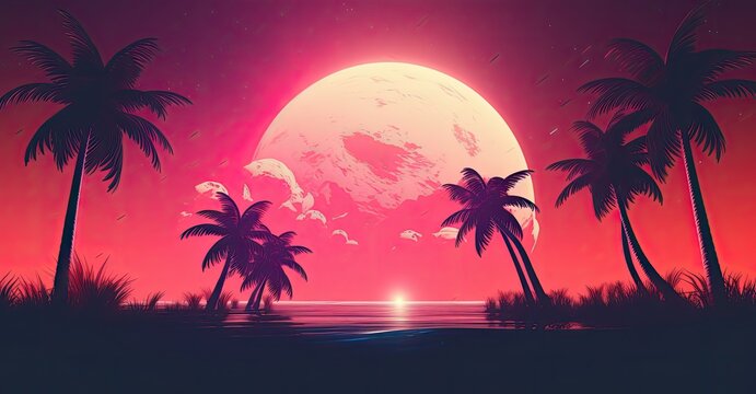 Beautiful pink night sky full of palm rees in front of 80s sunset 