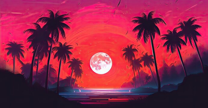 Beautiful pink night sky full of palm rees in front of 80s sunset 