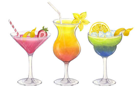 Beach cocktail pink orange green. Summer tropical drink. Party time. Hand-drawn watercolor illustration on white background. For cafe restaurant bar menu