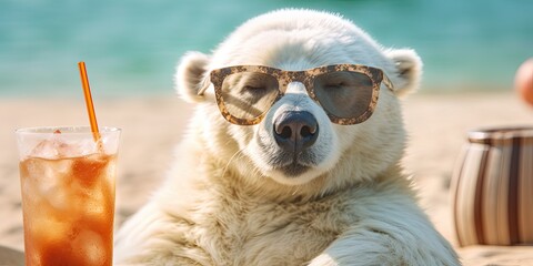 Polar bear  in sunglasses and glasses with a cocktail on a tropical beach