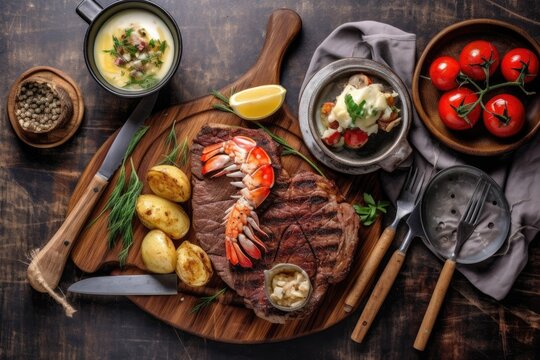 stock photo of Surf and turf ready to eat in the plate Food Photography AI Generated