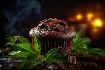 Cannabis brownie cupcake with hemp leaf and cbd