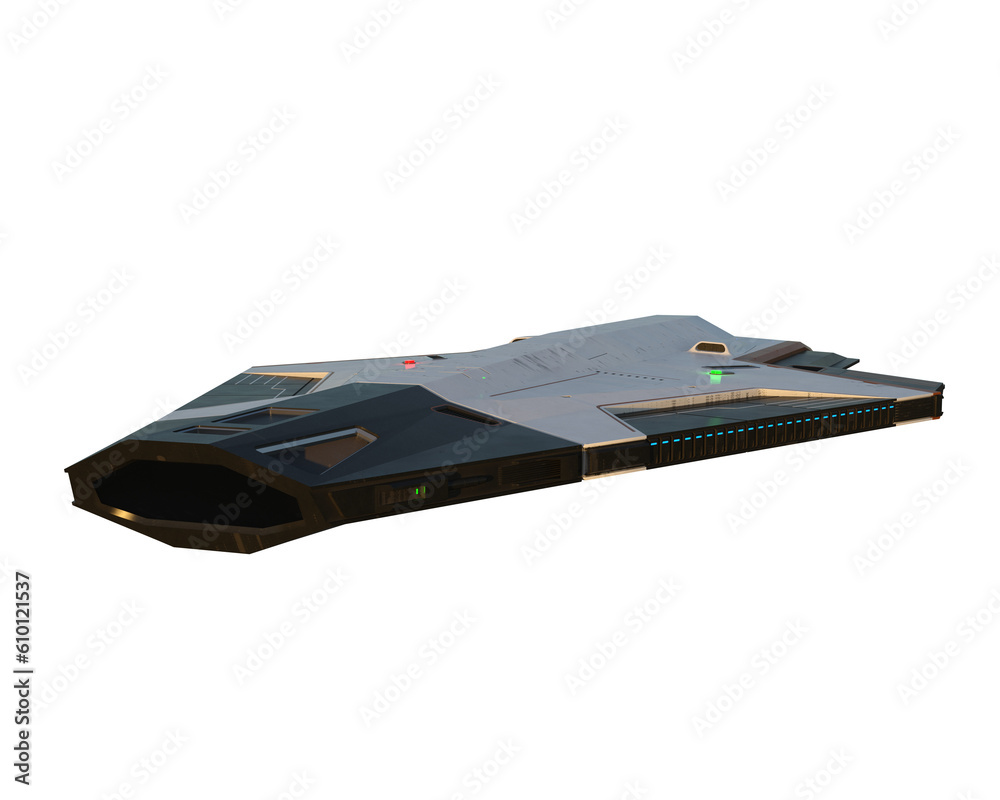 Poster huge sci-fi fantasy space ship with large open docking bay at the front. 3d illustration