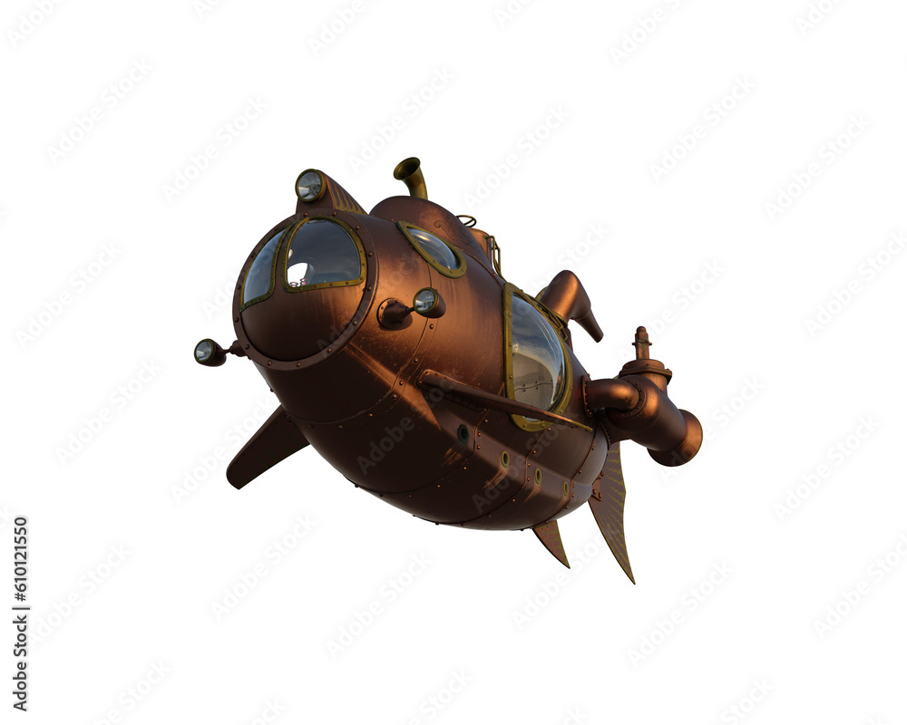 Poster Steampunk style fantasy submarine viewed from below. Isolated 3D rendering.