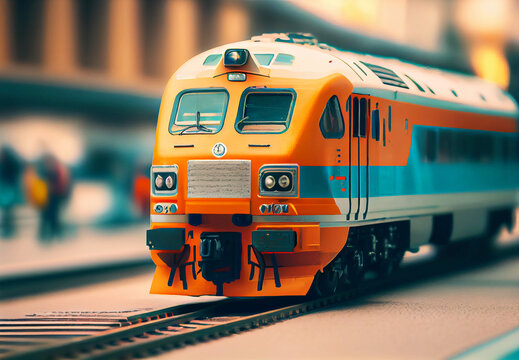 orange train arrives at the railway station. ai generated. Generative AI
