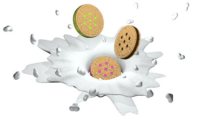 Three sandwich cookies with chocolate, strawberry and lemon cream splashing on a milk surface. 3D Illustration