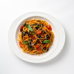 Pomodoro pasta on white plate