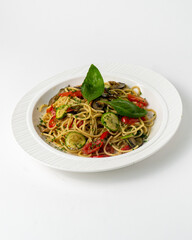 Arrabiata pasta on white background