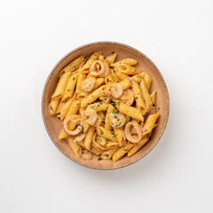 Seafood Pasta on white background top view