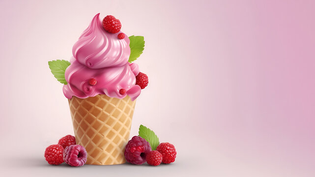 Watercolor pastel pink raspberries ice cream in a waffle cone on pink background with copy space. 3D illustration. AI Generative. 