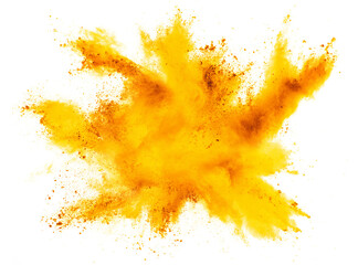 bright yellow orange holi paint color powder festival explosion burst isolated white background....