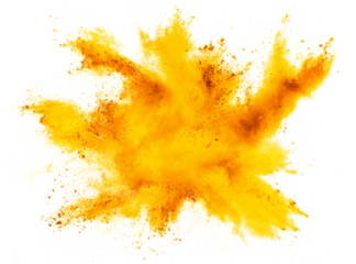 bright yellow orange holi paint color powder festival explosion burst isolated white background. industrial print concept background