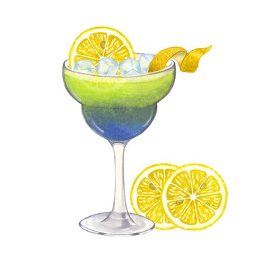 Blue green beach cocktail with lemon, ice. Summer tropical drink. Party time. Hand-drawn watercolor illustration on white background. For cafe restaurant bar menu