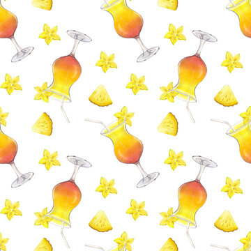 Seamless pattern yellow orange beach cocktail with carambola, pineapple. Summer tropical drink. Party time. Hand-drawn watercolor illustration on white background. For cafe restaurant bar menu