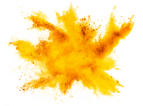 bright yellow orange holi paint color powder festival explosion burst isolated white background. industrial print concept background