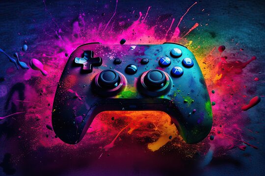 Wallpaper style gamepad portrait, decorated with colored lights or colored smoke. Generative Ai