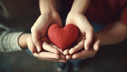 Obraz premium closeup of joined family hands holding red heart. Love and health concept. Generative IA
