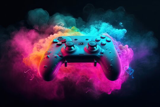 Fototapeta Wallpaper style gamepad portrait, decorated with colored lights or colored smoke.
