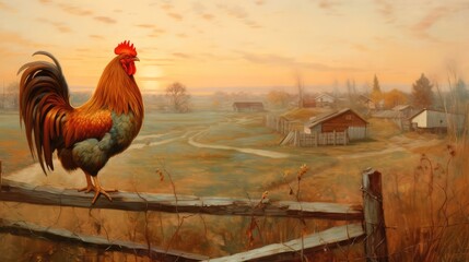 Obraz na płótnie Canvas illustration A rooster sits on the fence and crows in the morning on the farm. Generative AI