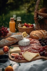various tasty dishes such as cheese, prosciutto, pastries and grapevine on a picnic blanket in nature. Generative AI