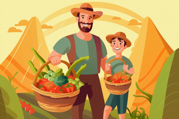 Father and son holding baskets full of vegetables to promote healthy eating habits.. Flat illustration.