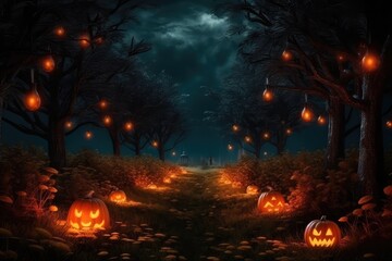 in the night forest, fireflies create a magical glow over pumpkins in the grass, Halloween. Generative AI