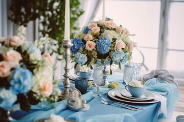 Beautiful table and centerpieces of a wedding, elegantly decorated with flowers. Ai generated.