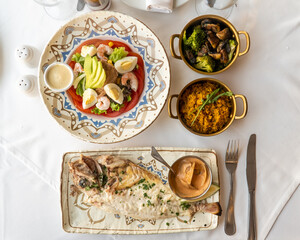 Popular Spanish seafood dishes and tapas, in a fancy restaurant