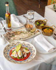 Popular Spanish seafood dishes and tapas, in a fancy restaurant