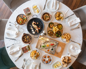 Popular Spanish seafood dishes and tapas, in a fancy restaurant
