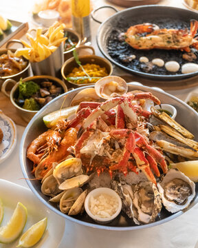 Popular Spanish seafood dishes and tapas, in a fancy restaurant