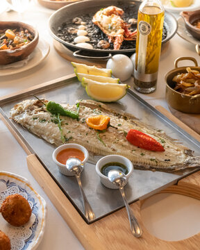 Popular Spanish seafood dishes and tapas, in a fancy restaurant