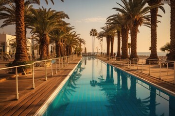 The embankment is beautiful with palm trees with pools in the park on the seashore. Generative AI 