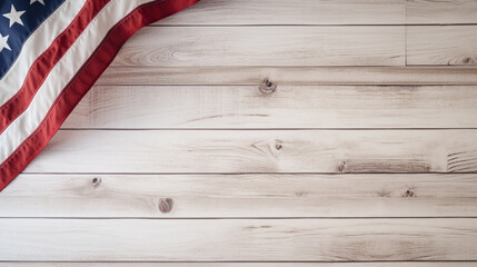 American Flag Tapestry/Fabric on a Wood Flay Lay with White Washed Stain - Patriotic 4th of July, President's Day, Veteran's Day, Independence Day, Memorial Day Theme with Copy Space - Generative AI