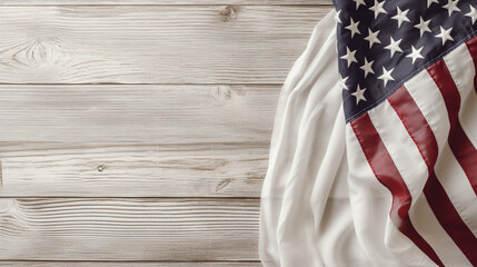 Obraz premium American Flag Tapestry/Fabric on a Wood Flay Lay with White Washed Stain - Patriotic 4th of July, President's Day, Veteran's Day, Independence Day, Memorial Day Theme with Copy Space - Generative AI