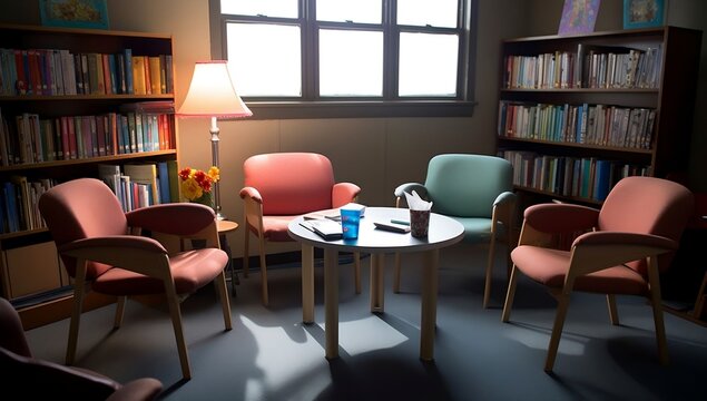 Collaborative Learning: Tables and Chairs Grouped for Study Activities
