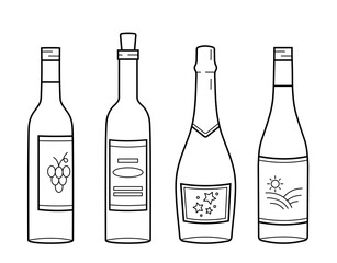Set of wine bottles. Collection of different shaped bottle of drink. Hand drawn sketch icon for bar or restaurant menu design. Isolated vector illustration in doodle line style.