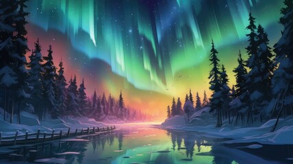 Fototapeta na wymiar Aurora borealis: Illustrations showcase the mesmerizing display of the Northern Lights, creating an ethereal atmosphere and sense of wonder. Generative AI
