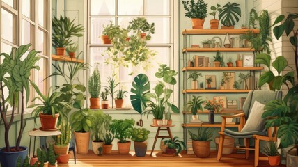 Fototapeta na wymiar Indoor plants: Illustrations showcase indoor spaces adorned with plants known for their air-purifying qualities, promoting a healthier living environment. Generative AI