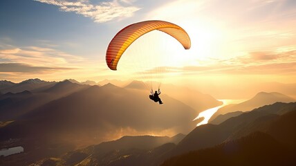 Paragliding and hang gliding: Images depict individuals soaring through the air with paragliders or hang gliders, showcasing the thrill and freedom of air sports. Generative AI - obrazy, fototapety, plakaty
