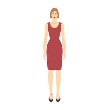 Women to do ankle measurement body with arrows fashion Illustration for size chart. Flat female character front 8 head size girl in burgundy dress. Human lady infographic template for clothes