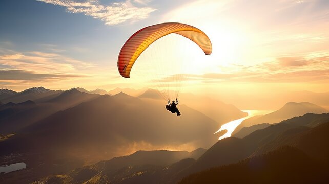 Paragliding and hang gliding: Images depict individuals soaring through the air with paragliders or hang gliders, showcasing the thrill and freedom of air sports. Generative AI
