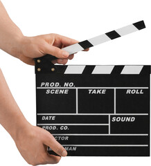 Fototapeta premium Human hand holds movie clapper board