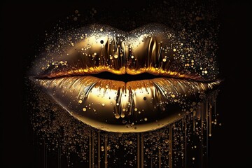 Closeup gilded painting by glossy on woman in sexy lips. Concept in abstract art of luxurious beauty makeup isolated on black background. Glorious generative AI. - obrazy, fototapety, plakaty