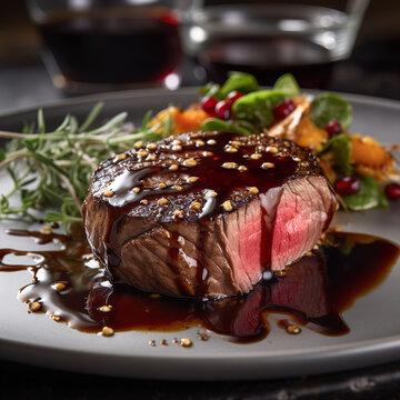 Rinderfilet mit Balsamico-Glasur. Zartes Rinderfilet, das mit einer s&uuml;&szlig;-sauren Balsamico-Glasur glasiert wird. Serviert wird es auf einem Bett aus Rucola oder mit ger&ouml;stetem Gem&uuml;se.