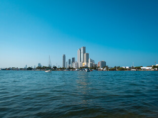 View of the Fishing Boats in the Sea with a Background of Buildings in Cartagena de Indias, Colombia